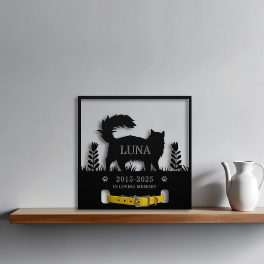 Personalized Cat Memorial with Collar Hole, Square Shape, Die-Cut Premium Metal Sign